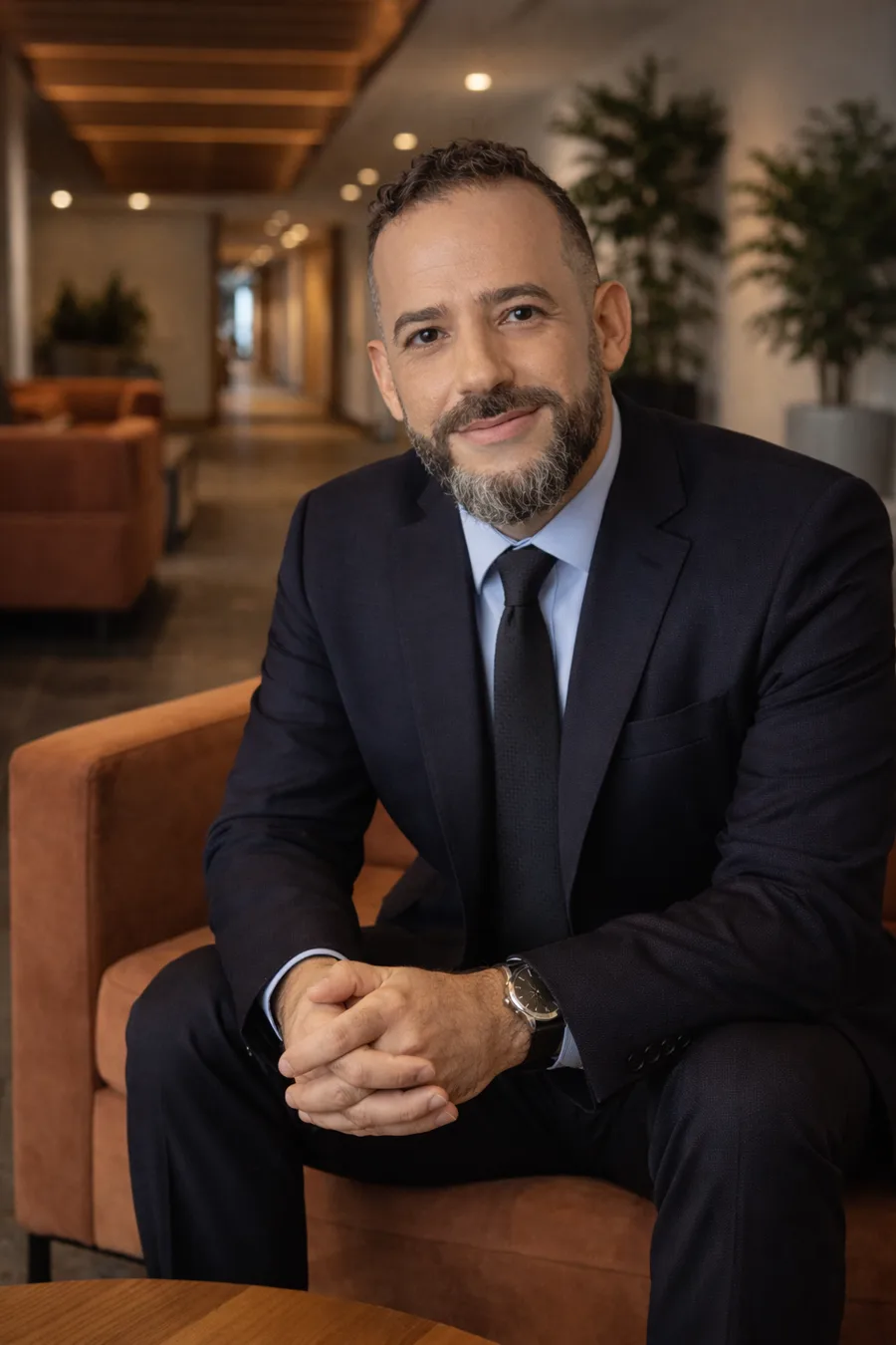 Dr. Abimael Vellozo Cesar, sentado em uma poltrona, de terno azul-marinho